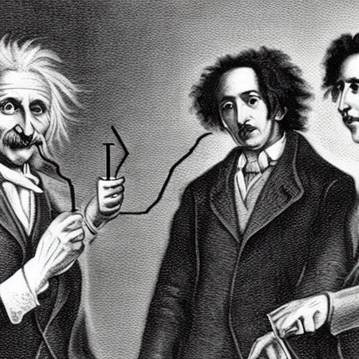 Image similar to Einstein, Isaac Newton, and Nikolai Tesla smoking a joint, drawing