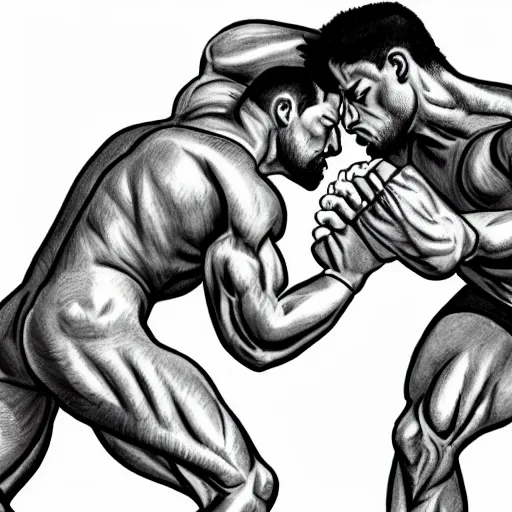 Prompt: two muscular men fighting over the last sandwich on earth, photorealistic