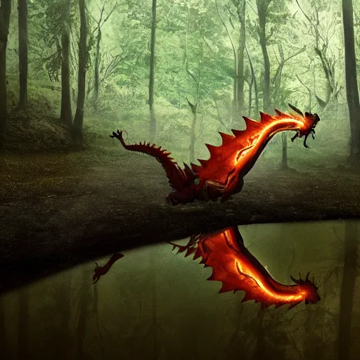 Image similar to a dragon emerging from a pool of oil, photograph taken in a dark forest