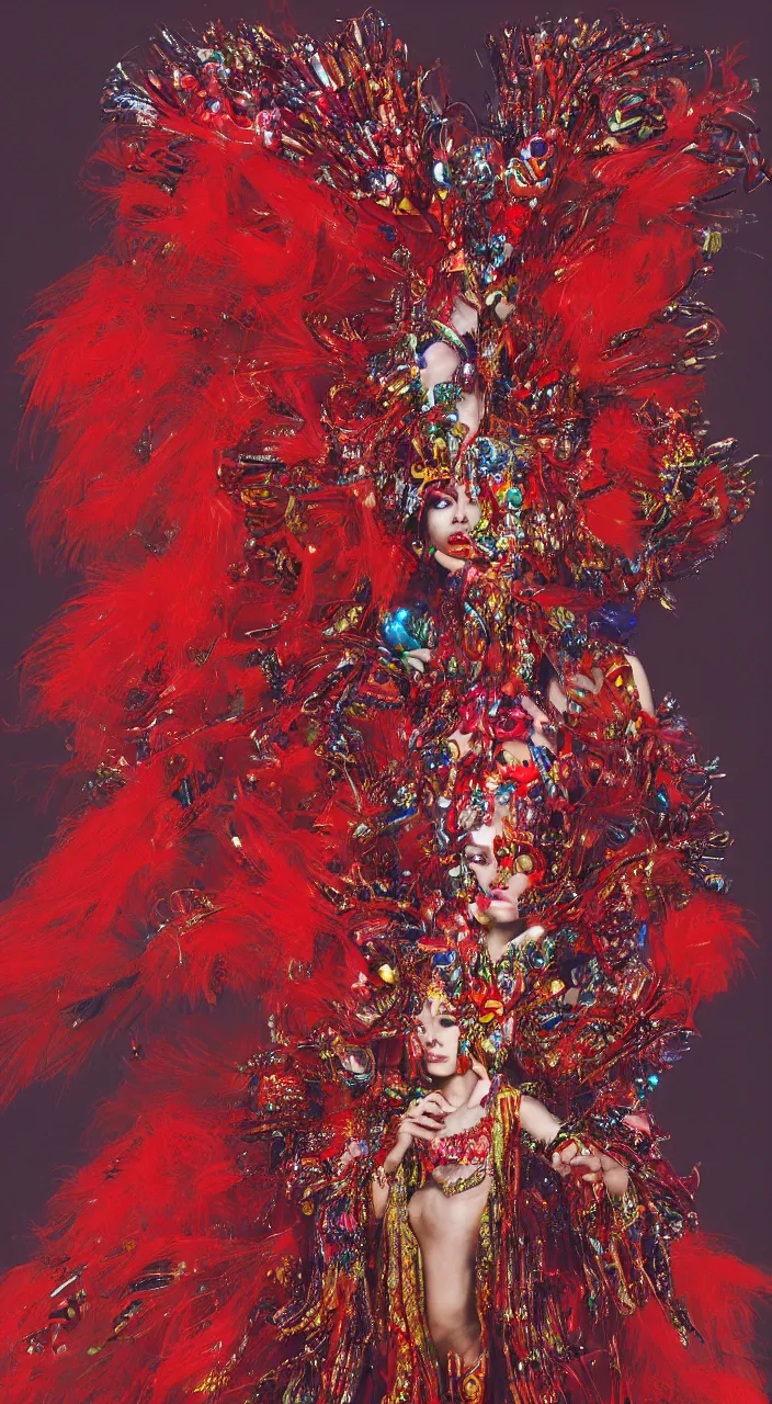 Image similar to a female character design wearing psychedelic high fashion, a red sequined bodysuit, beads hanging over her face like an alexander mcqueen headdress, costume by eiko ishioka, haute couture, dior, and a red cape by moebius, steven outram, colorful and psychedelic, hd, 8 k, artstation, high quality, ultra detailed