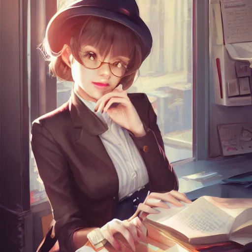 Image similar to a beautiful detective girl sitting in her office | | cute - fine - face, pretty face, fine details by stanley artgerm lau, wlop, rossdraws, james jean, andrei riabovitchev, marc simonetti, and sakimichan, trending on artstation