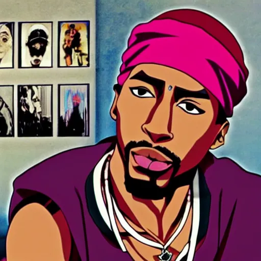 Image similar to Tupac Shakur, screenshot from a 2012s anime