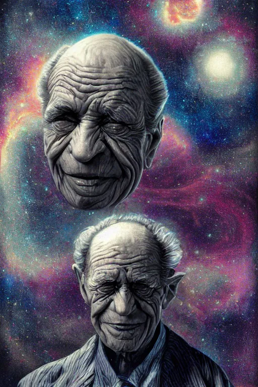 Image similar to the look of an elderly person full of wrinkles and imperfections by artgem and les edwards, highly detailed, high contrast, light reflection, trippy, nebula, trending on artstation