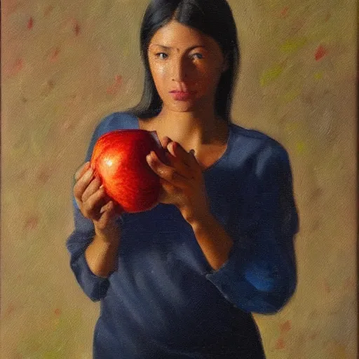 Image similar to a human posing while holding an apple, oil on canvas