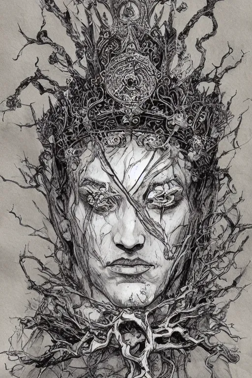 Prompt: portrait The King of Fools, With a Jesters crown, Wings lift him up, Roots hold him down, pen and ink, intricate line drawings, by Yoshitaka Amano, Ruan Jia, Kentaro Miura, Artgerm, watercolor