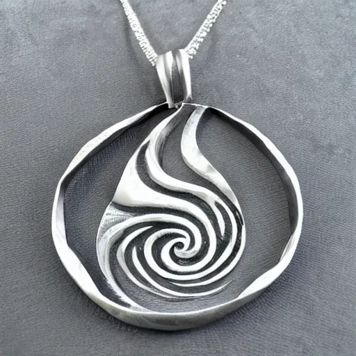 Image similar to amulet of wave inlaid in silver on a young beautiful woman neck, hyper realistic,