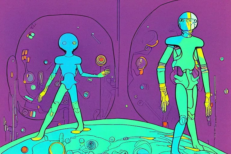 Image similar to a scifi illustration of a psychedelic cyborg flat colors, limited palette in FANTASTIC PLANET La planète sauvage animation by René Laloux