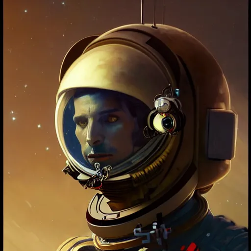 Image similar to portrait of a vicotrian steampunk astronaut with helmet man in suit by darek zabrocki, alphonse mucha, simon stalenhag and cinematic and atmospheric, concept art, artstation, trending on artstation