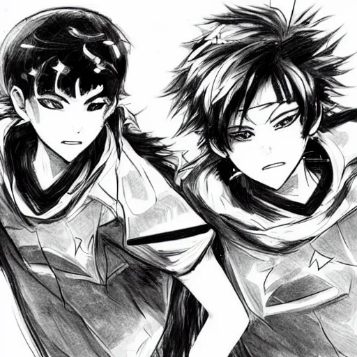 Prompt: a manga sketch of two boys playing cyberpunk soccer, black and white, pencil sketch, in the style of yoji shinkawa and takehiko inoue