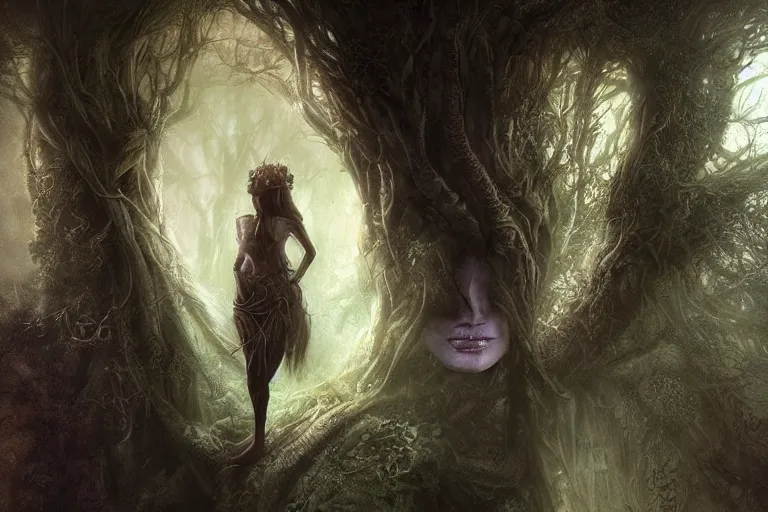 Prompt: portrait of a dryad by brian froud and jessica rossier dark mysterious