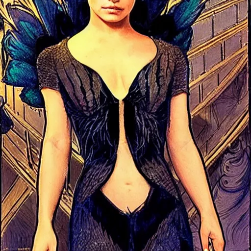 Prompt: mila kunis as the dark swan queen, black feathers instead of hair, feathers growing out of skin, black bodysuit, disney villain, dark fae, moulting, suspended in zero gravity, on spaceship with cables hanging down, highly detailed, mike mignogna, ron cobb, mucha, oil painting