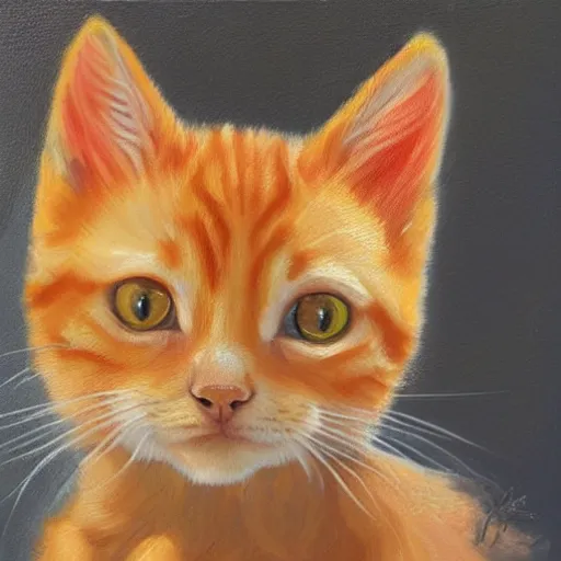 Prompt: knife palette oil painting of orange tabby kitten with golden eyes