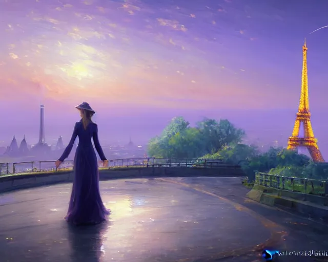 Image similar to over the shoulder landscape painting of violet evergarden, behind are distant lights from paris, eiffel tower, next to the reflecting ocean, nighttime, by vladimir volegov and Philipp A. Urlich and Pengzhen Zhang and Andreas Rocha, fantasy, intricate, elegant, highly detailed, digital painting, artstation, blender, unreal engine 5, octane render, smooth, sharp focus, illustration