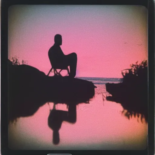 Image similar to extremely sad scene of a man sitting on the edge of a lagoon, mist, bloody sunset, polaroid photography from the 70s