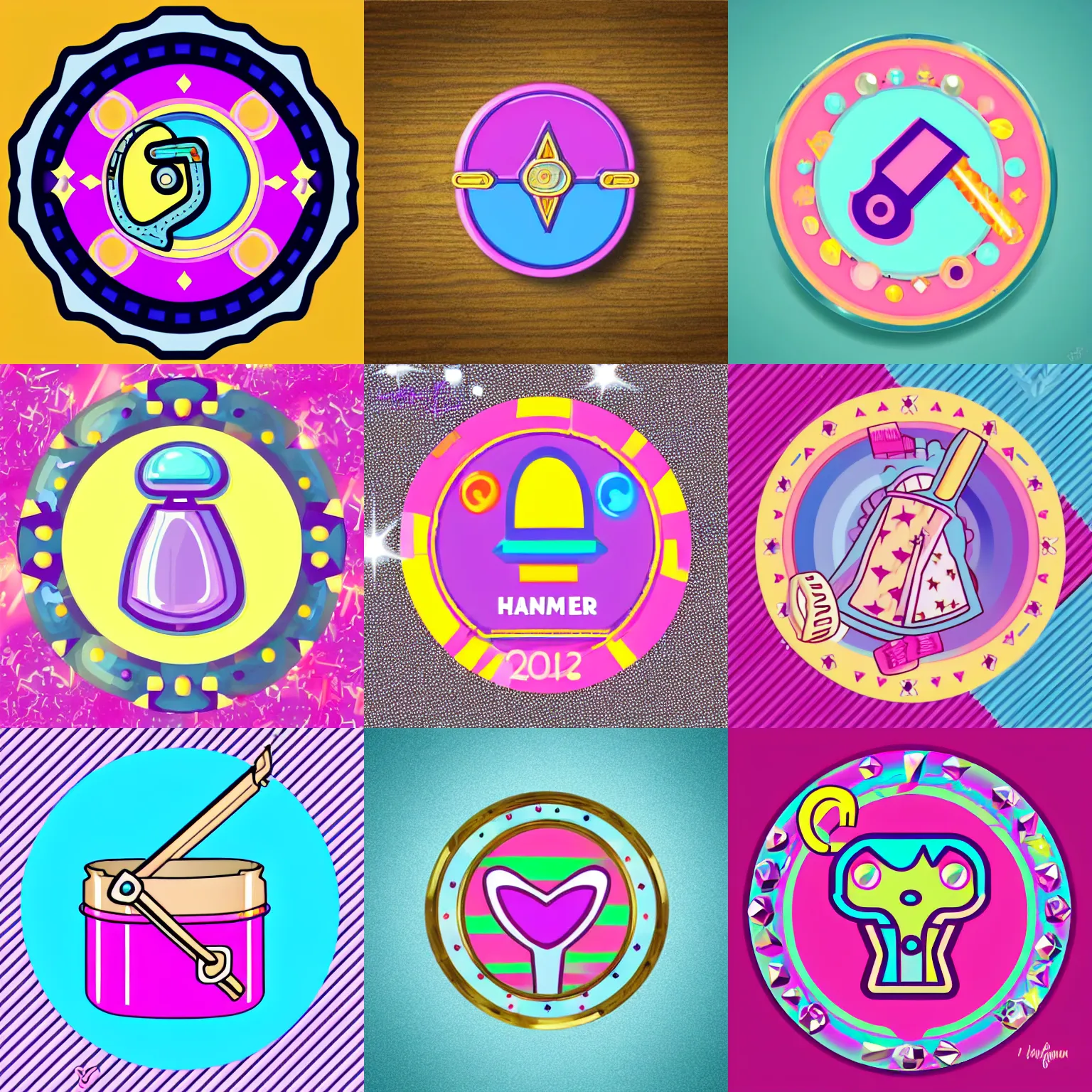 Prompt: 🔨!!!!!!!!!!!!!!!! girly hammer icon designed by lisa frank, girly, vector graphics forum badge, svg, symmetrical, transparent background, cute, metal, enamel, cloissonne, vintage, guilloche, gem stones, gilt, swarovski, circular