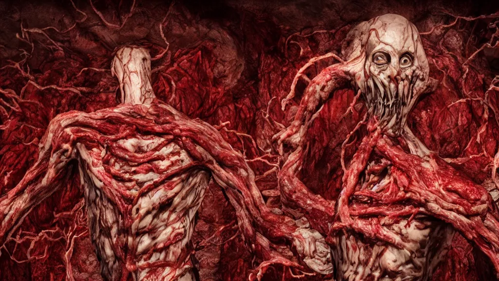 Prompt: monster made of guts, meat and veins. Eldritch, horror, 8K, concept art, filmic, HDR, hyperrealism, volumetric lighting, Dark art