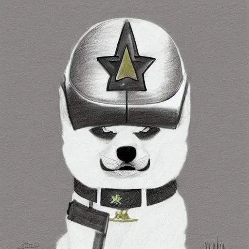 Image similar to A drawing of a Shiba Inu dog wearing a soldier's helmet, realistic, color