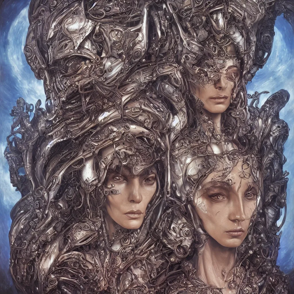 Image similar to beautiful and exotic alien queen bust portrait, glowering judging eyes, art nouveau declotage, perfect symmetrical facial features, hyperrrealistic bone structure, extremely hyperdetailed, mixed media painting, unreal engine, 8 k, octane, 8 mm, by travis charest, rodney matthews and olivia de bernardinis