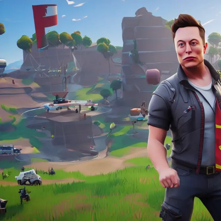 Image similar to a screenshot of elon musk in the video game fortnite, 3 d rendering, unreal engine, amazing likeness, very detailed, cartoon caricature