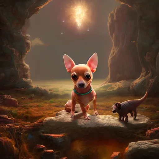 Image similar to a human chihuahua living in an extradimensional reality where it is a god, in the style of wlop, illustration, epic, fantasy, hyper detailed, smooth, unreal engine, sharp focus, ray tracing, physically based rendering, renderman, beautiful