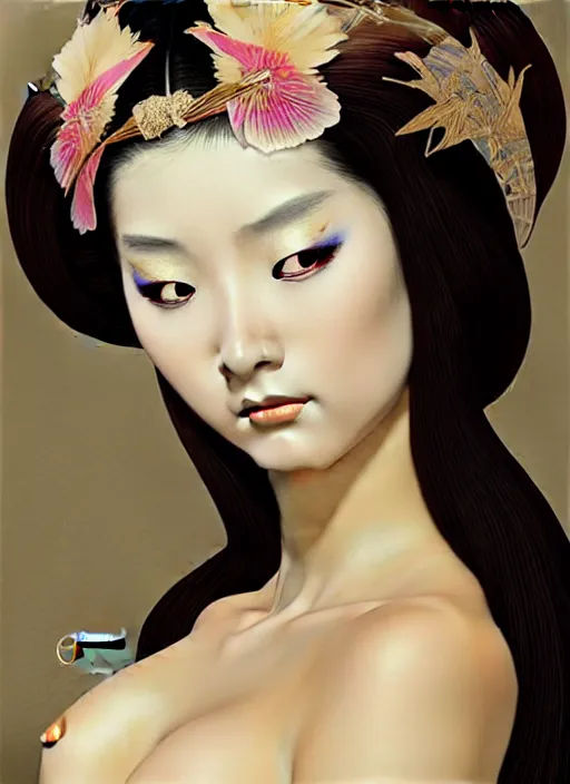 Image similar to organic seductive Geisha portrait, pearlescent skin, diffuse lighting, fantasy, intricate, elegant pose, highly detailed, lifelike, photorealistic, digital painting, artstation, illustration, concept art, different point of view, smooth, sharp focus, art by John Collier and Albert Aublet and Leonardo da vinci and Moebius and Krenz Cushart