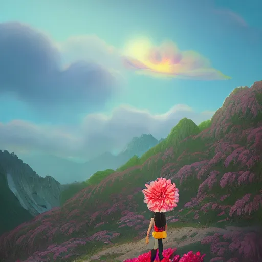 Image similar to giant carnation flower head, girl hiking in the mountains, surreal photography, sunrise, dramatic light, impressionist painting, colorful clouds, digital painting, artstation, simon stalenhag