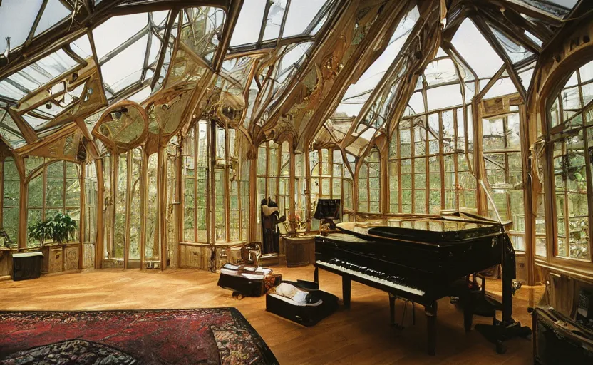 Prompt: a music-instrument themed massive bedroom constructed out of one giant oak tree built inside of a glass Victorian greenhouse. designed by brian froud. cinestill kodak 800 speed film