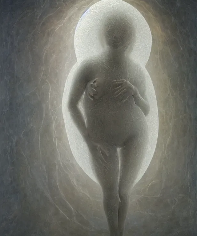 Prompt: Beautiful full-body wax sculpture of a glowing transparent woman inside egg in the singularity where stars becoming baroque folds of dark matter by Michelangelo da Caravaggio, Nicola Samori, William Blake, Alex Grey and Beksinski, dramatic volumetric lighting, highly detailed oil painting, 8k, masterpiece