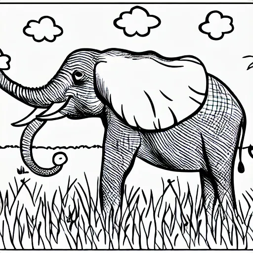 Image similar to an elephant with its two ears and its trunk in a meadow, colouring - in sheet, character art, sharp focus, highly detailed, artstation