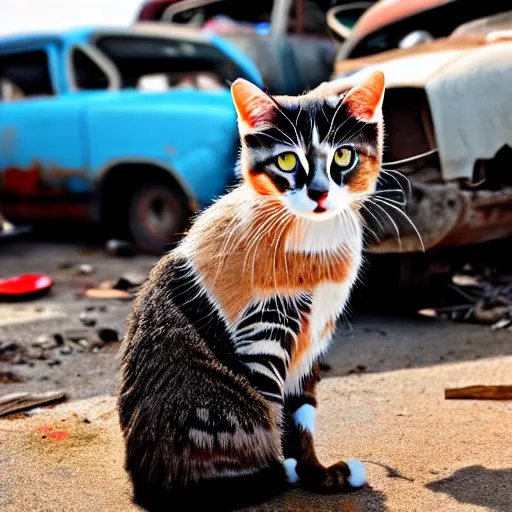 Prompt: donald rumsfeld junk yard cat, photo, detailed, 4 k