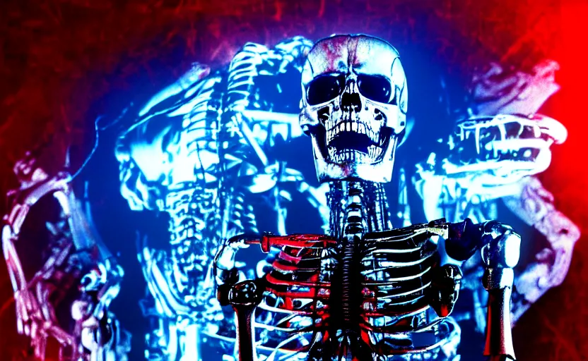 Image similar to terminator skeleton, skynet servers on background. extreme long shot, high detail, low saturated red and blue light, cinematic colors