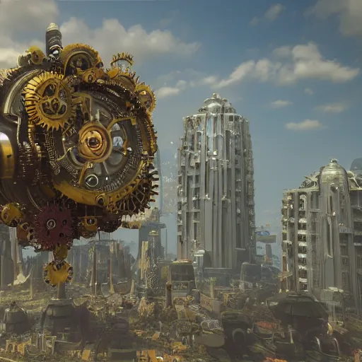 Image similar to flying city in a mechanical flower, sky, fantasy art, steampunk, masterpiece, unreal 5 render