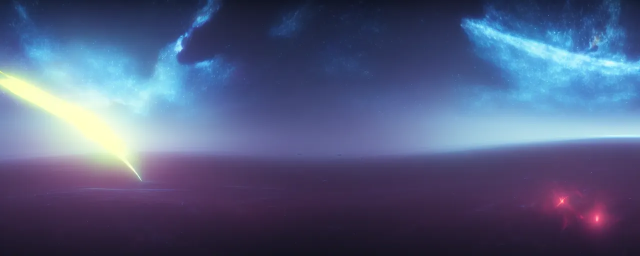 Image similar to minimalist cinematic scifi render of atmospheric space, nebula, homeworld skies, volumetric lighting, 4 k, 8 k, hd