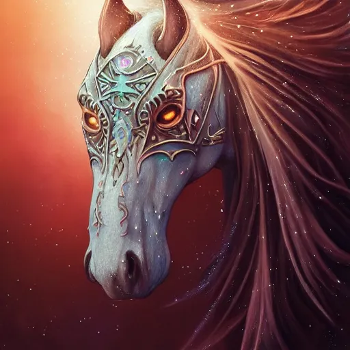 Image similar to a wlop 3 d render of very very very very highly detailed beautiful mystic portrait of a phantom undead horse with whirling galaxy around, tattoos by anton pieck, intricate, extremely detailed, digital painting, artstation, concept art, smooth, sharp focus, illustration, intimidating lighting, incredible art,