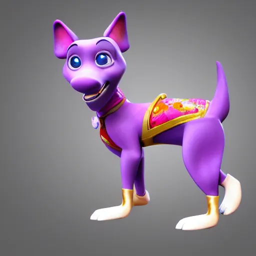 Image similar to an 3d render of a purple dog character, in the style of disney, pixar, mixed media collage, highly detailed, 8k resolution