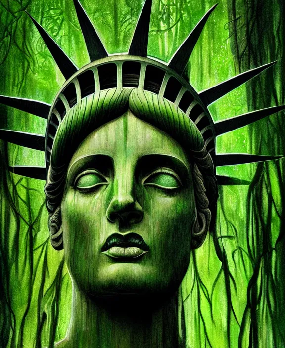 Prompt: statue of liberty overgrown and covered in moss and vines, perfect face, symmetrical eyes, green skin, cinematic, stunning, elegant, highly detailed, psychedelic, digital painting, artstation, smooth, hard focus, illustration, art by jessica rossier and and brian froud