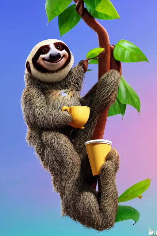 Prompt: happy sloth climbing a tree in a tropical forest holding one cup of coffee . Pixar Disney 4K 3d render funny animation movie Oscar winning trending on ArtStation and Behance. Ratatouille style.