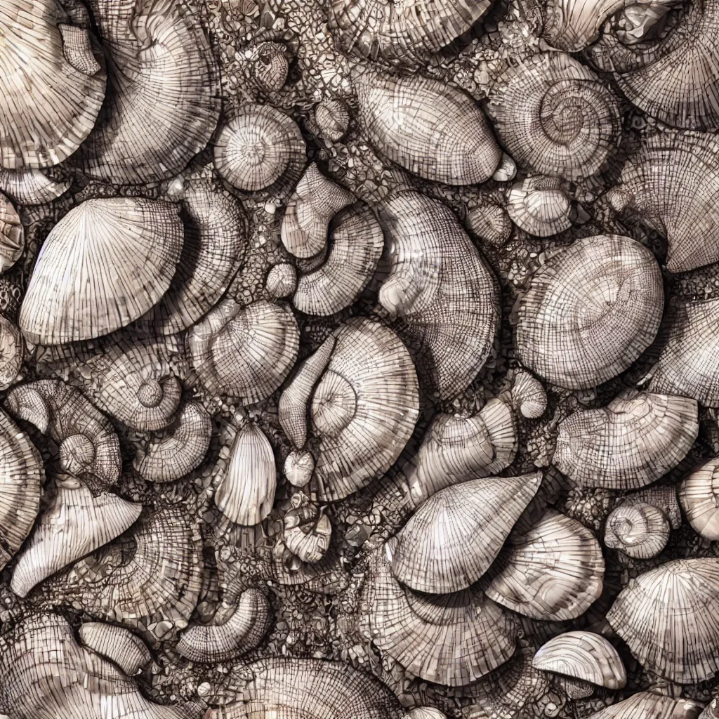 Image similar to geometric complex sea shell designs by ernst haeckel, closeup, realistic cinema 4 d render, beach sad background, clear focus, very coherent, very detailed