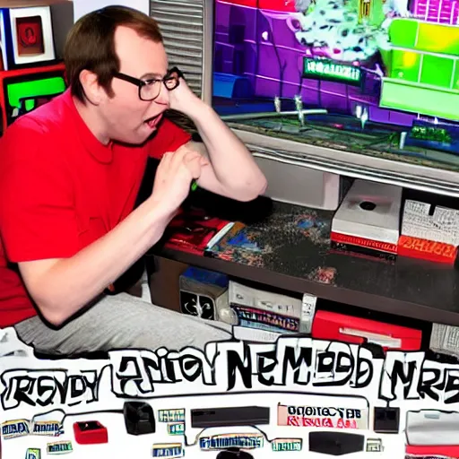 Image similar to angry video game nerd destroying and smashing consoles