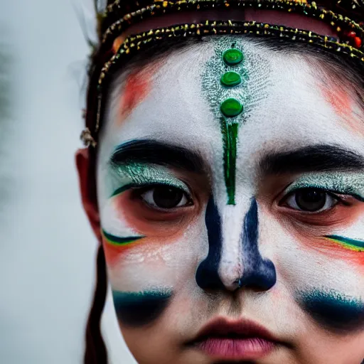 Image similar to minimalist photography portrait of aloy, an elaborately adorned female shaman warrior, face paint, symmetrical, super close up, mid thirties, cute round green slanted eyes, porcelain skin, wide nostrils, chubby cheeks, high flat eyebrows, ethereal essence, angelic, leica 1 0 0 mm f 0. 8