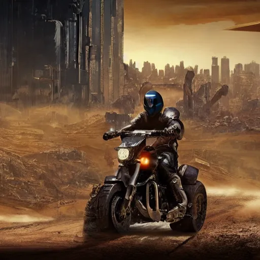Image similar to four judges on big motorcycles from Judge Dredd riding across the Cursed Earth with a trail of dust behind them, and the ruins of Minneapolis ahead. Hyperrealistic, artstation, movie poster art