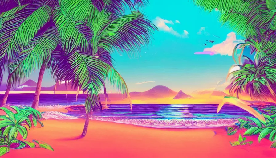 Prompt: a tropical beach, epic retrowave art, trending on art station