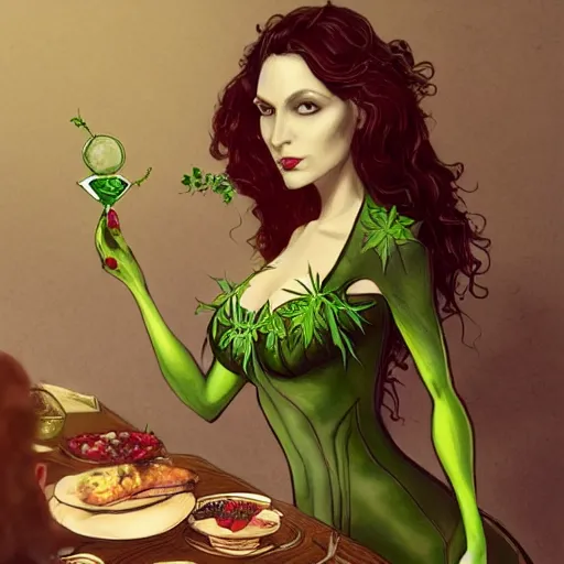 Prompt: a beautiful picture of doctor poison ivy professor of botany and doctor liliana onyx professor of demonology having lunch, academic clothing, dark eyeliner, intricate, elegant, highly detailed, digital painting, artstation, concept art, matte, sharp focus, illustration, art in a baroque style