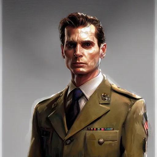 Image similar to Patrick Bateman as a soldier, closeup character art by Donato Giancola, Craig Mullins, digital art, trending on artstation