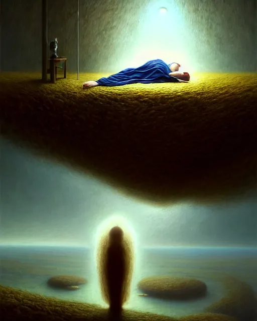 Prompt: a hyper - detailed 3 d render like a oil painting of a dream - self leaving a sleeping - self, surrealism!!!!! surreal concept art, lifelike, photorealistic, digital painting, aesthetic, smooth, sharp focus, artstation hd, by greg rutkowski, bruce pennington, valentina remenar and asher duran,