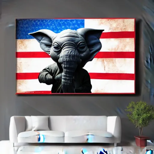 Image similar to elephant yoda as potus American flag, modern art placed in a large living room, art designers magazine HD photo superrealism 3d 8k resolution