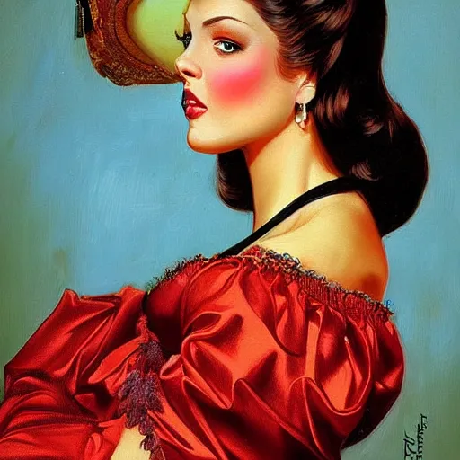 Prompt: woman, long hair, beautiful eyes, by greg hildebrandt fancy classical era oil painting high quality clothed in fancy garb in pin up style