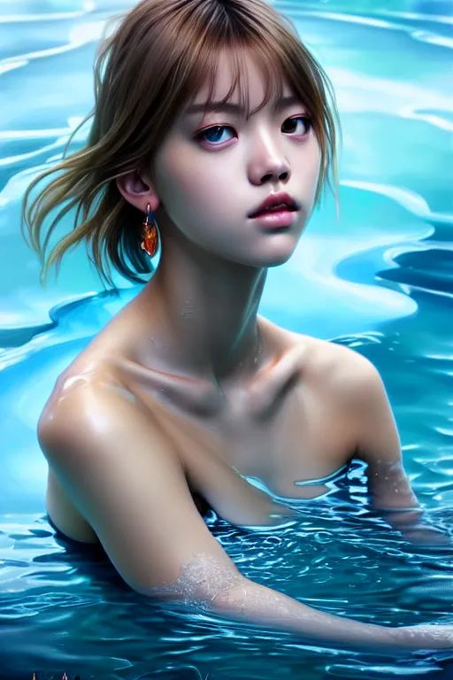 Image similar to beautiful half body digital painting of lalisa, face emerging from pool of water with high detail, 8 k, stunning detail, photo by artgerm, greg rutkowski and alphonse mucha, unreal engine 5, 4 k uhd