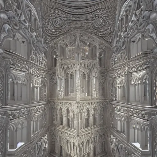 Image similar to a hyperrealistic 3 d render of a delicate ivory sculpture of an ornate detailed cathedral populated by mandelbrot fractals, micro detail, unreal engine, backlit lighting, octane renderer, catholicpunk, carved ivory, physically based rendering, carved soap, trending on cgsociety