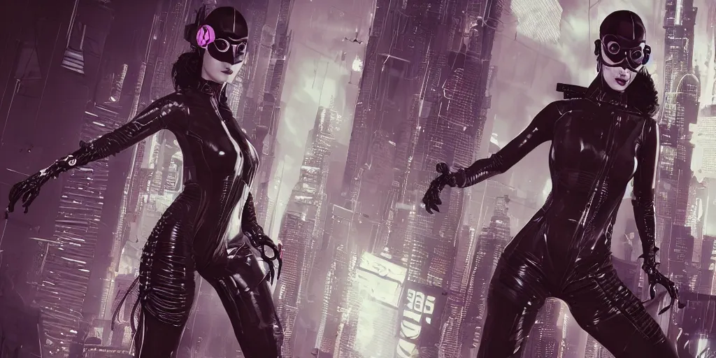 Image similar to cyberpunk catwoman, character sheet, concept design, contrast, kim jung gi, greg rutkowski, zabrocki, karlkka, jayison devadas, trending on artstation, 8 k, ultra wide angle, pincushion lens effect